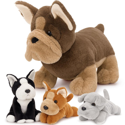 MorisMos Giant 45cm Dog Soft Toy with 3 Cuddly Puppies Baby Inside, Big Fluffly French Bulldog Plush, Realistic Kawaii Dog Teddy Gift for Kids Birthday Christmas Deco