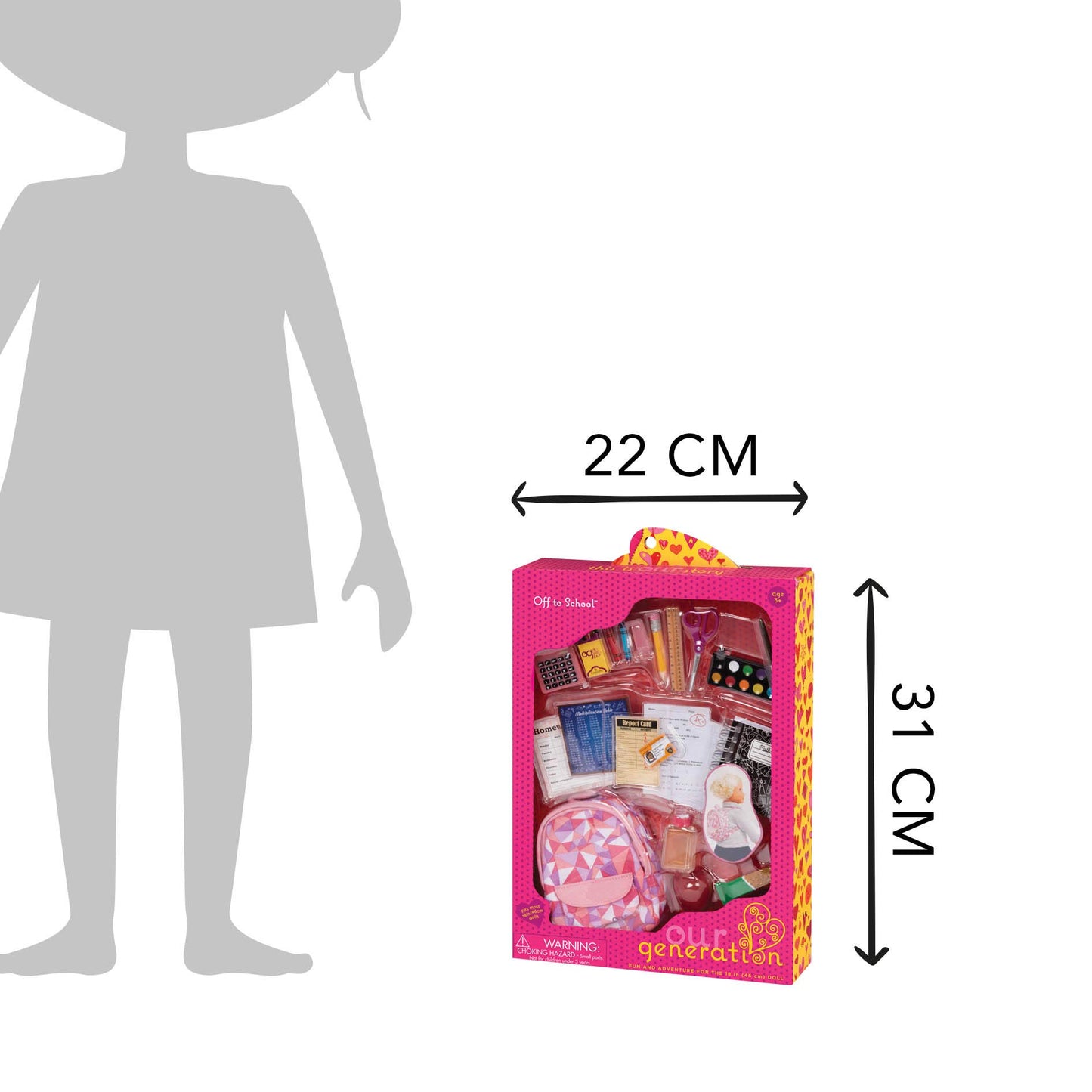 Our Generation Off To School doll accessories set with backpack, books, notebook, and school supplies for children aged 3 and up