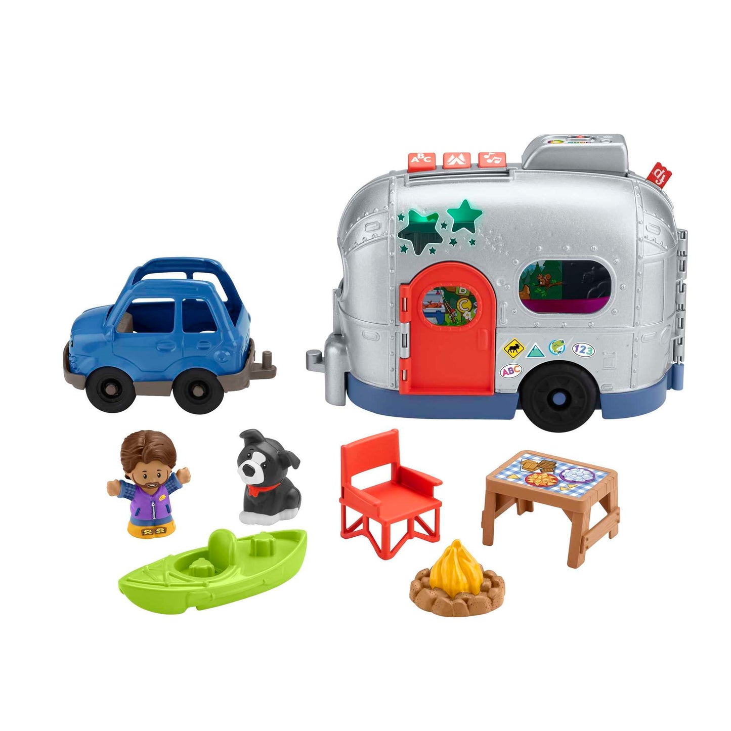 Fisher-Price Little People Light-Up Learning Camper playset with colorful vehicle, figures, and lights for kids ages 1 and up