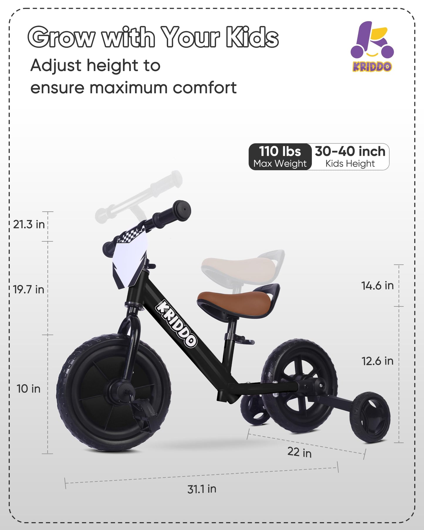 KRIDDO 2-in-1 kids tricycle and toddler balance bike in black, featuring detachable pedals and training wheels for young riders.