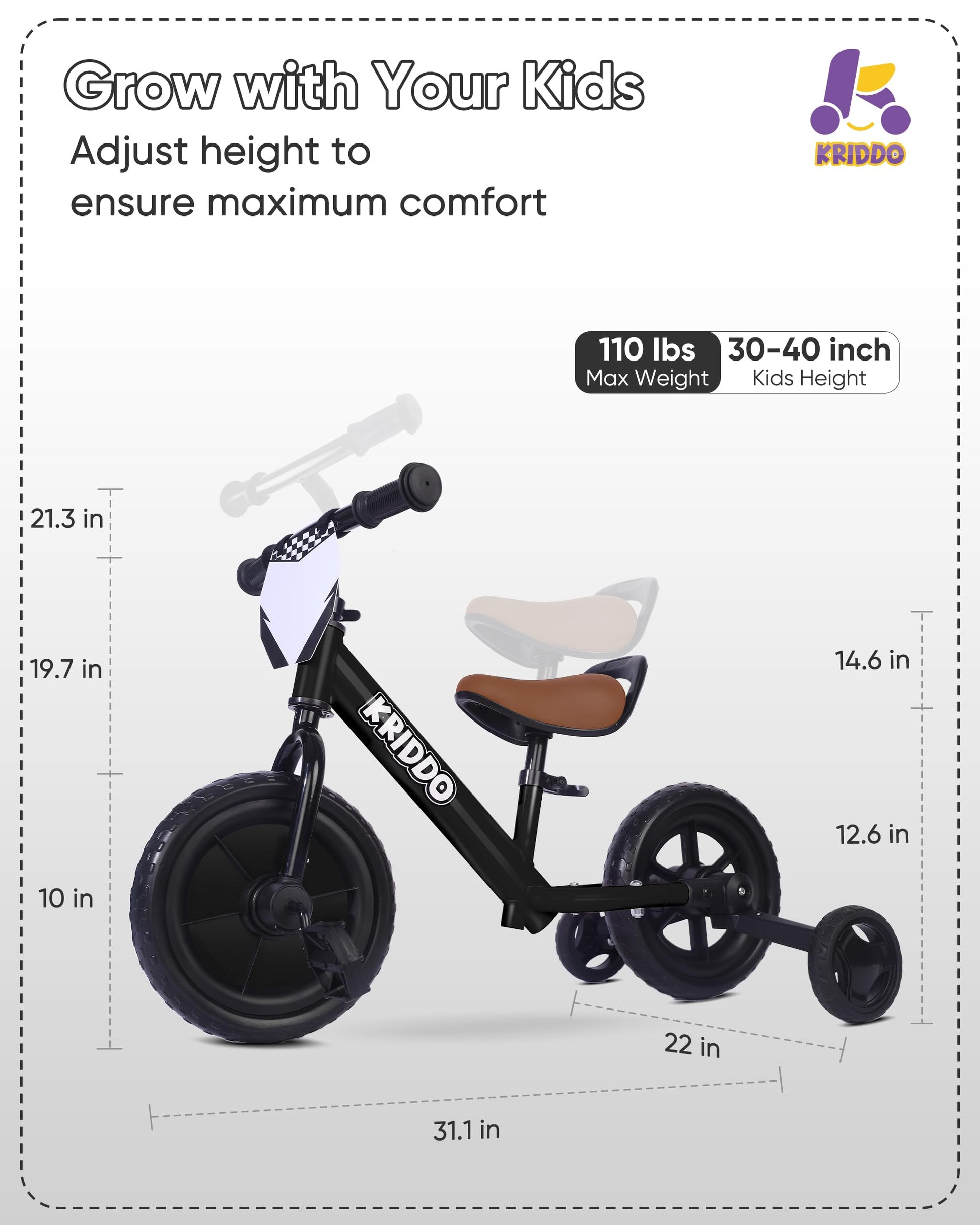 KRIDDO 2-in-1 kids tricycle and toddler balance bike in black, featuring detachable pedals and training wheels for young riders.