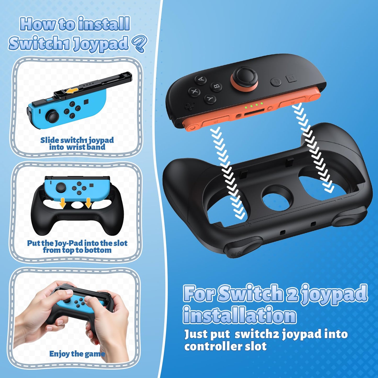 FASTSNAIL black Nintendo Switch 2 and OLED Joy-Con grip handles with anti-slip, wear-resistant design for comfortable gaming.