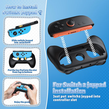 FASTSNAIL black Nintendo Switch 2 and OLED Joy-Con grip handles with anti-slip, wear-resistant design for comfortable gaming.