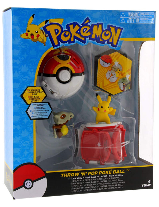 TOMY Pokemon Throw 'n' Pop set featuring Pikachu, Cubone figures, and Pokeballs on a colorful display.