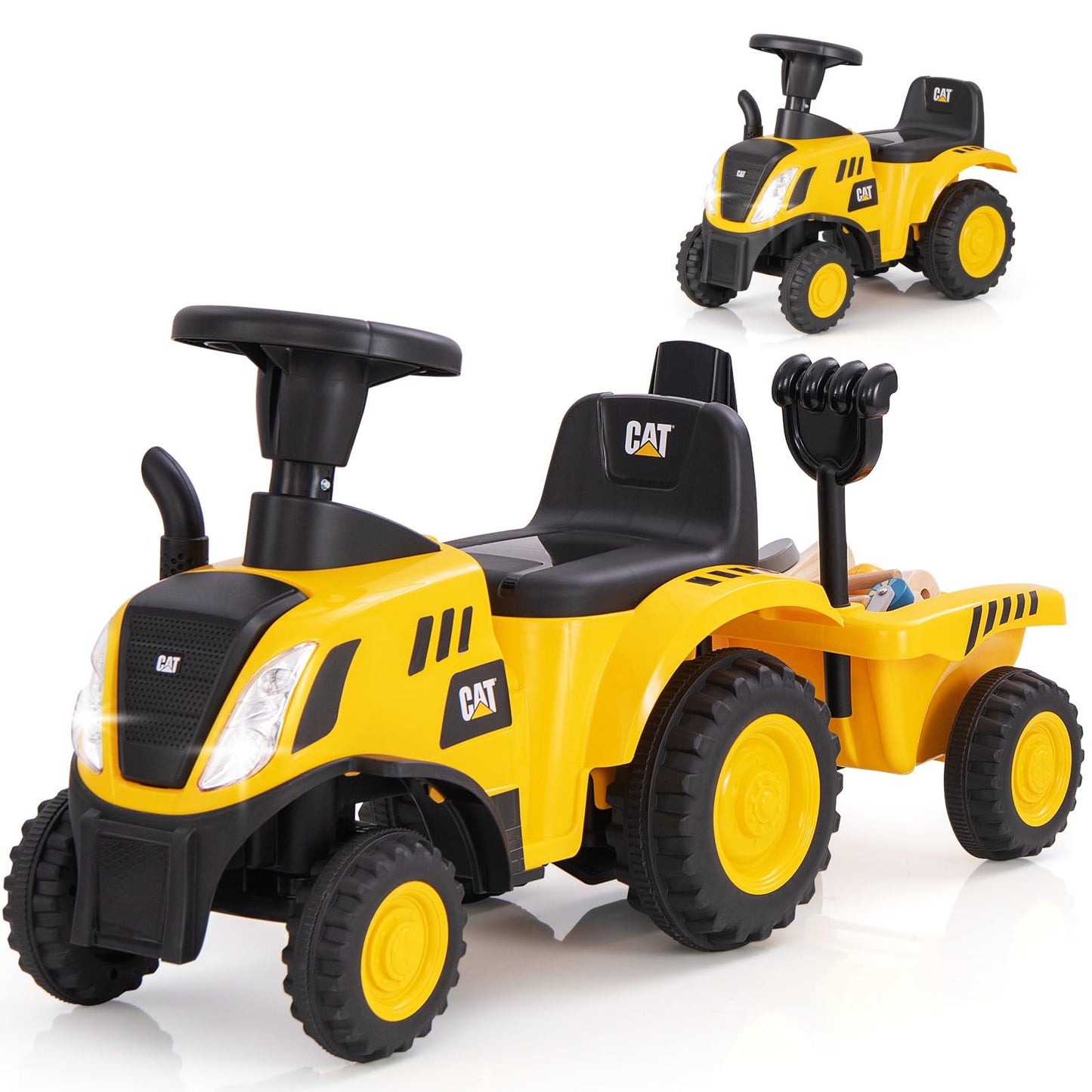 COSTWAY kids ride-on tractor with LED lights, horn, detachable trailer, rake, shovel, and foot-to-floor design for toddlers.