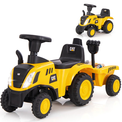 COSTWAY kids ride-on tractor with LED lights, horn, detachable trailer, rake, shovel, and foot-to-floor design for toddlers.