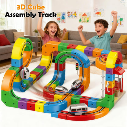 Clickrail Electric Train Set, Track Fusion Toy, Magic Rail Cube Train Set, with Gravity-Defying Motorized Train, 3D Embedded Layouts Train Track Set, DIY Cube Track, for Kids (123PCS)
