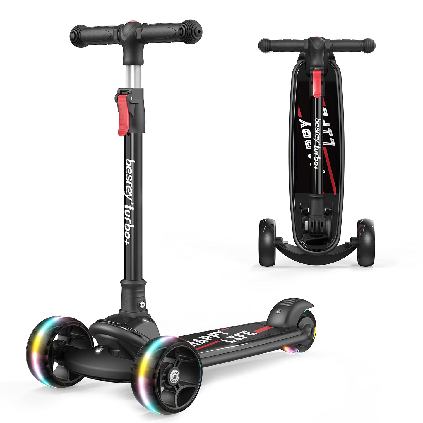 besrey kids scooter with large wheels, flashing LED lights, adjustable height, three wheels, and safe lean-to-steer design for children