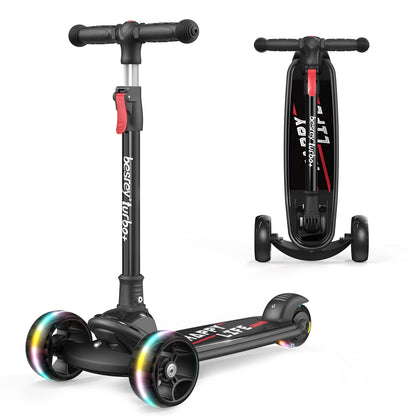 besrey kids scooter with large wheels, flashing LED lights, adjustable height, three wheels, and safe lean-to-steer design for children