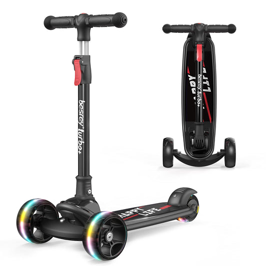 besrey Kids Scooter - Big Wheels Foldable Kick Scooter with Flashing LED Lights for Boys Girls, 4 Levels Height Adjustable, 3 Wheel Scooter for Kids Ages 3-10 with Safe Lean to Steer Design