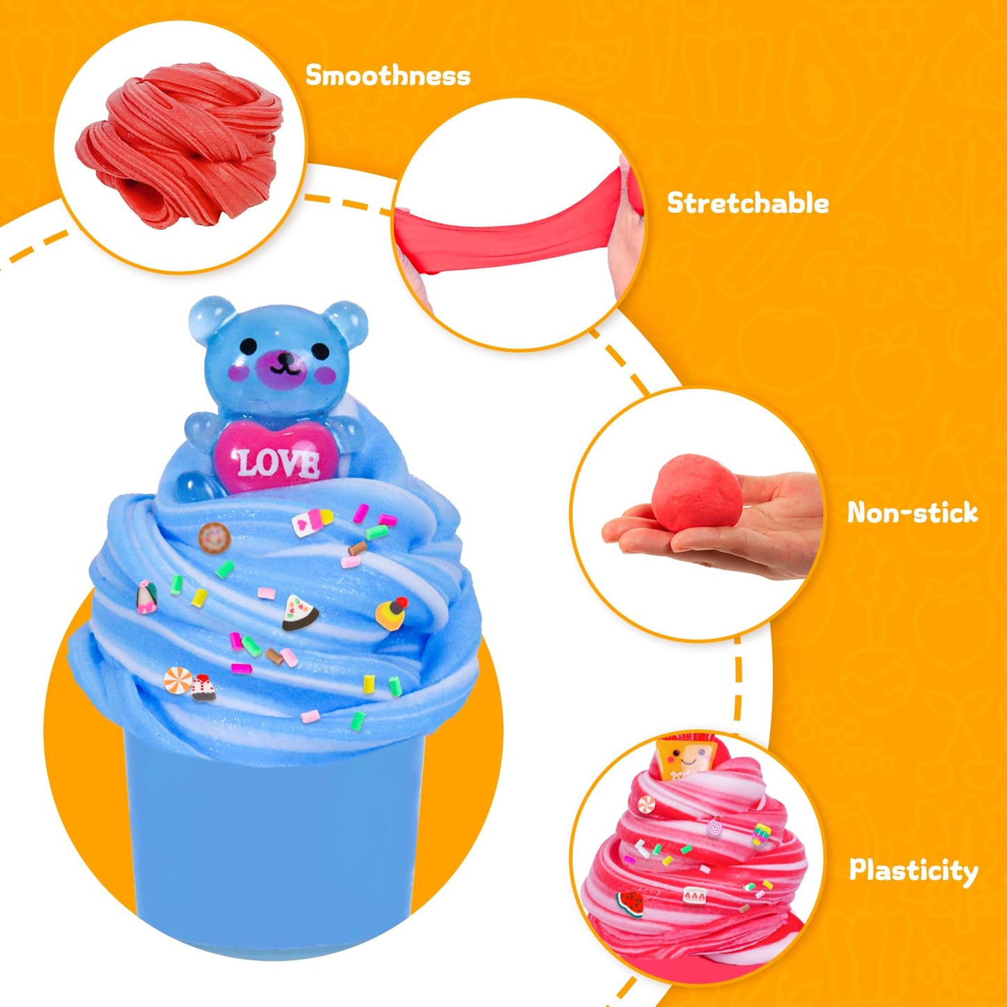 15 pack of FODYNE mini butter slime kits with colorful cotton candy and fruit slime, soft, non-sticky, ideal for kids’ DIY stress relief.