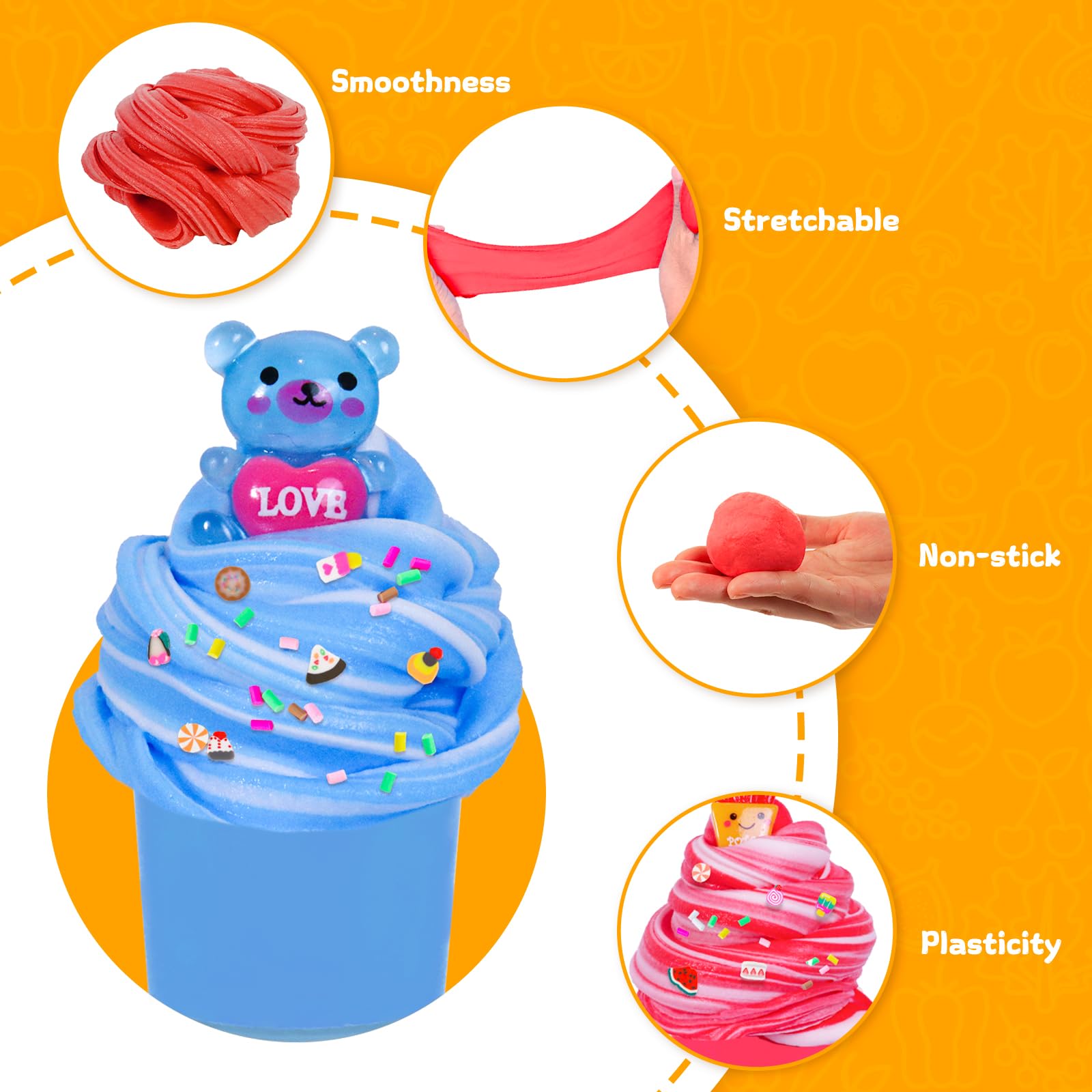 15 pack of FODYNE mini butter slime kits with colorful cotton candy and fruit slime, soft, non-sticky, ideal for kids’ DIY stress relief.