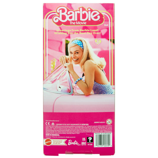 Barbie Doll from The Movie featuring Margot Robbie in a pink and white gingham dress with a daisy chain necklace.
