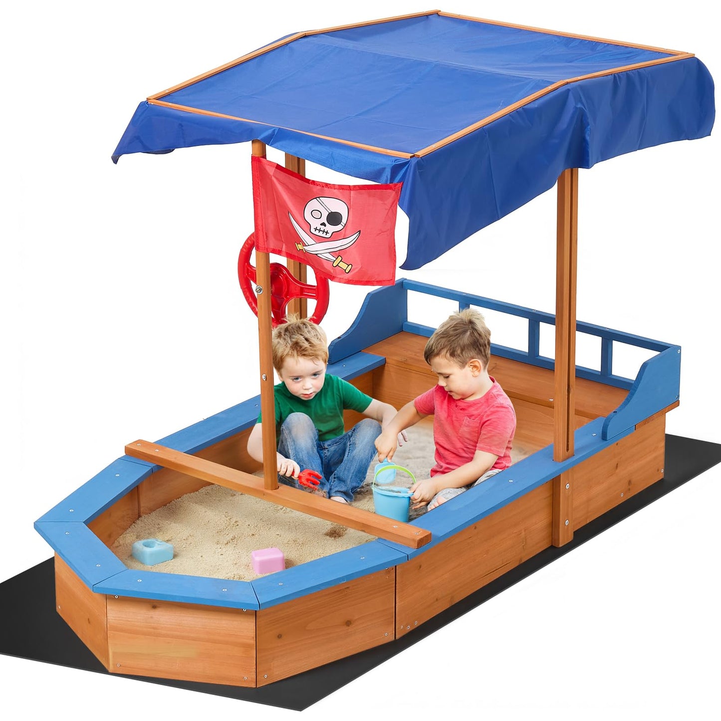 Warmiehomy Sand Pit With Lid For Toddlers Age 3-10 Wooden Kids, Pirate Ship Sand Boat With Canopy Liner Flag, Shell SandPit Outdoor Kids For Garden Backyard Creative Fun Gift For 3+ Years