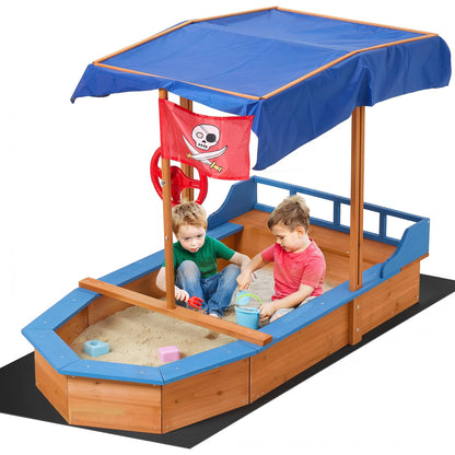 Warmiehomy Sand Pit With Lid For Toddlers Age 3-10 Wooden Kids, Pirate Ship Sand Boat With Canopy Liner Flag, Shell SandPit Outdoor Kids For Garden Backyard Creative Fun Gift For 3+ Years