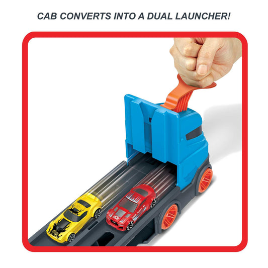 Hot Wheels Speedway Hauler Carrier with 3 cars and 6-foot drag race track for kids, storing 20+ cars in vibrant design.