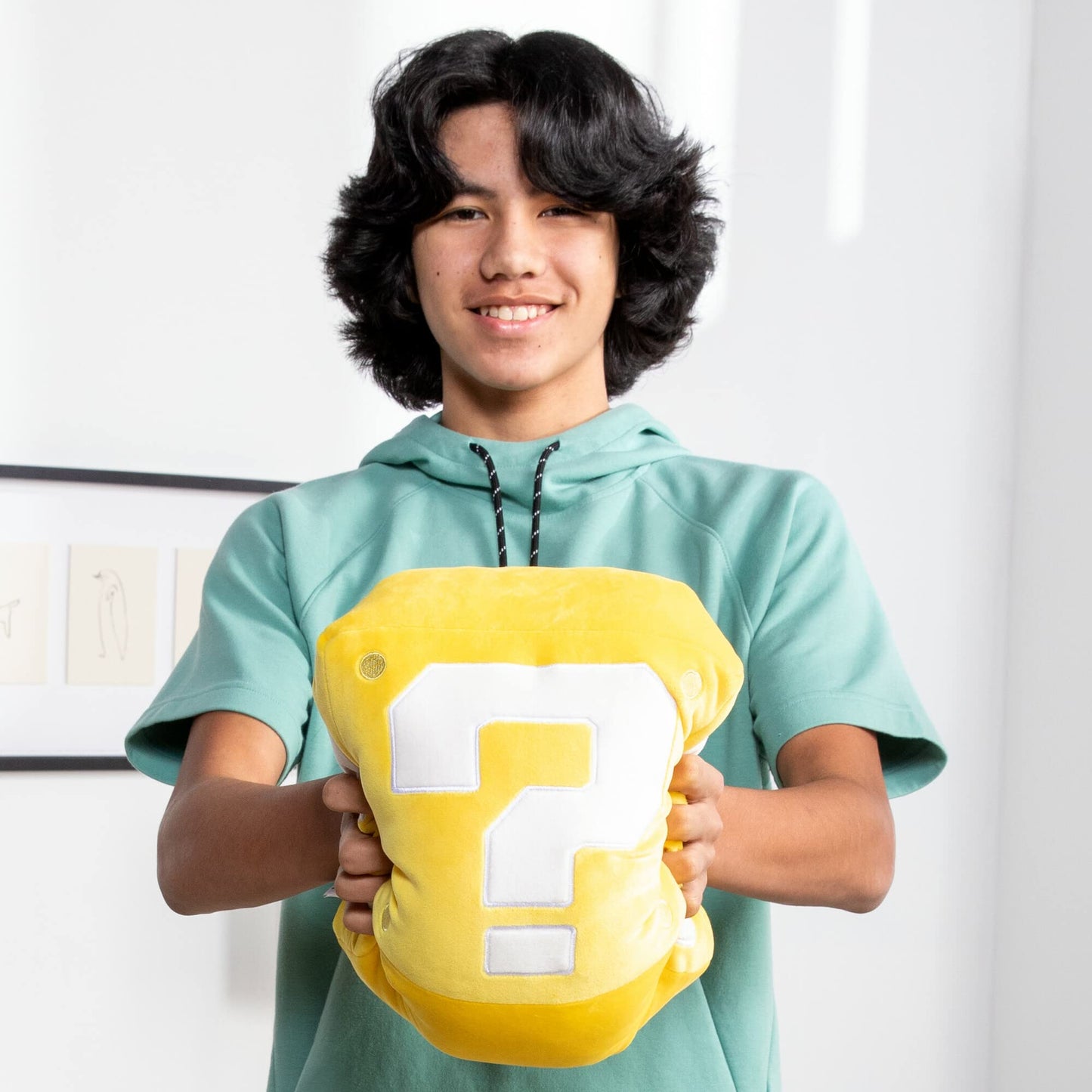 Club Mocchi Mocchi Super Mario Brothers Question Mark Block Mega Plush toy, 15-inch soft plush for kids, featuring Mario-themed design.