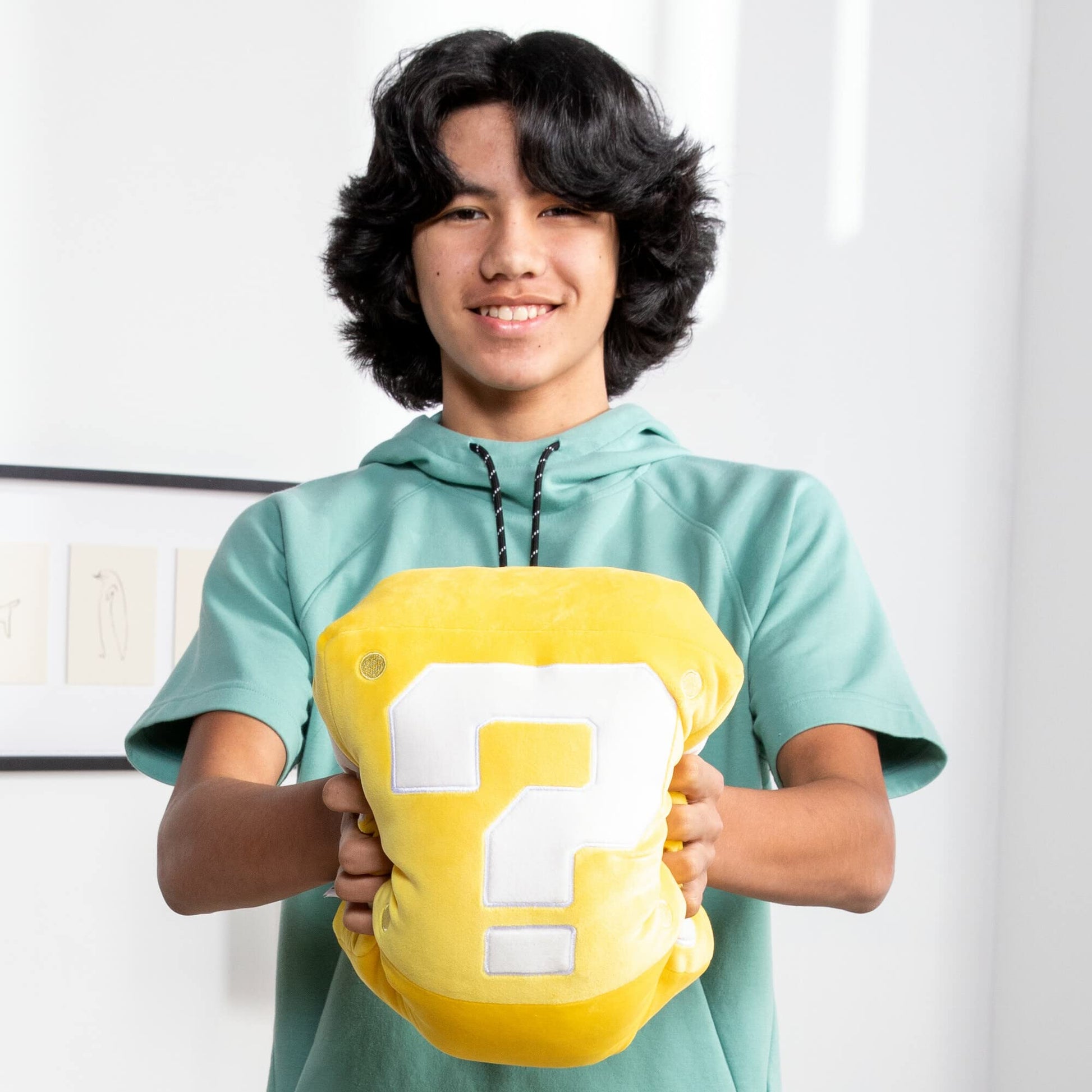 Club Mocchi Mocchi Super Mario Brothers Question Mark Block Mega Plush toy, 15-inch soft plush for kids, featuring Mario-themed design.