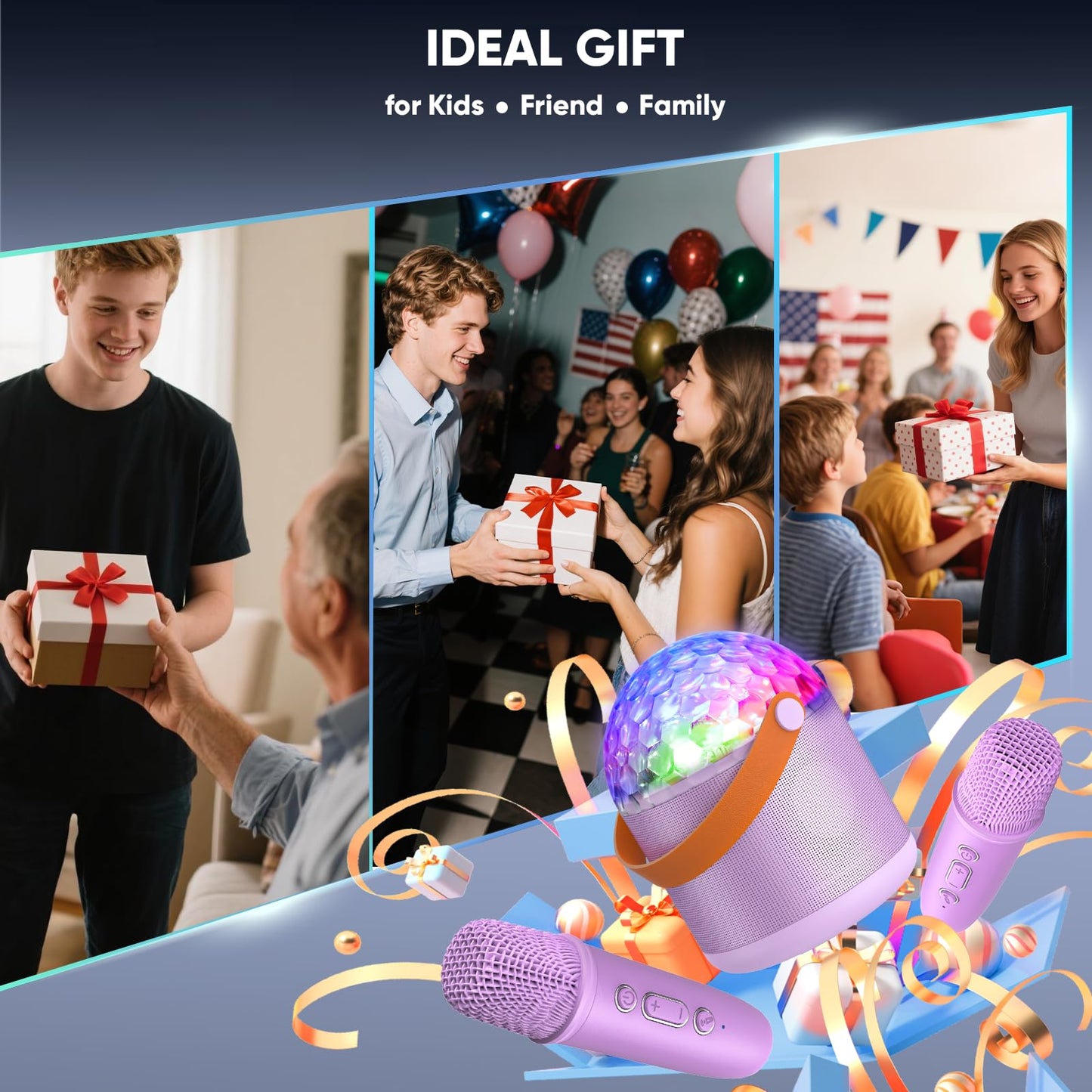 Dislocati mini karaoke machine with two microphones, LED lights, perfect for girls' birthdays, family parties, and travel.