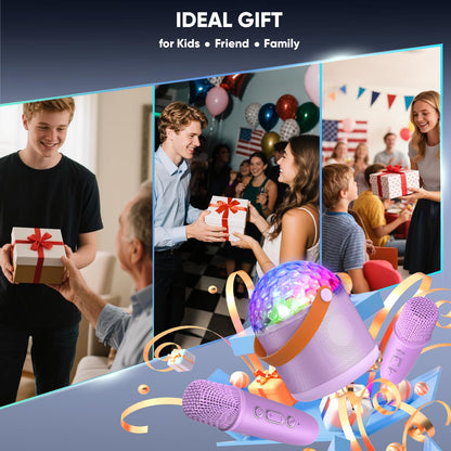 Dislocati mini karaoke machine with two microphones, LED lights, perfect for girls' birthdays, family parties, and travel.