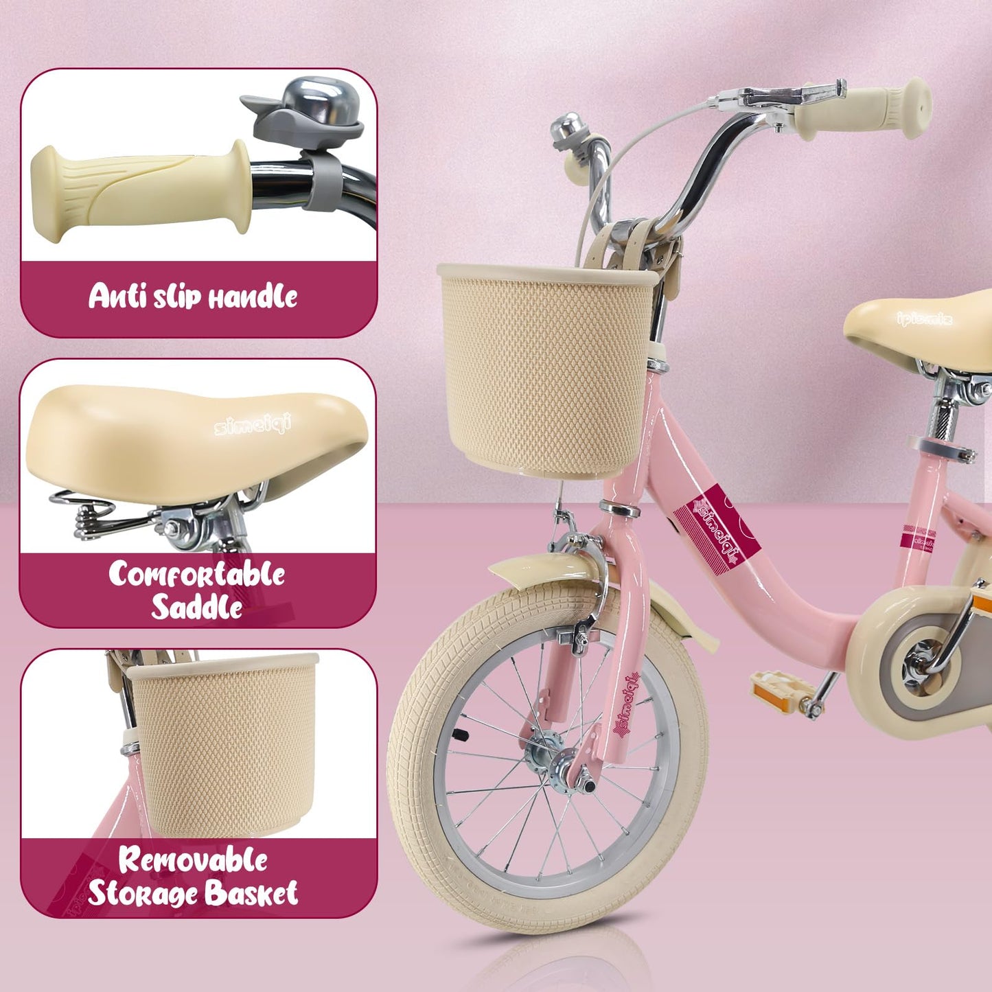 Kids Bike 14 Inch for Girls Children's Bike for Ages 3-5 Years with Stabilisers & Kickstand,Handbrake Coaster Foot Brake Basket and Bell (Pink, 14 Inch with Stabilisers & Kickstand)