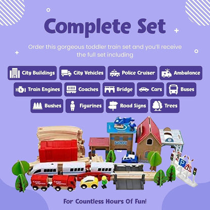 Wooden train tracks set by WY8 featuring railway pieces, a train station, and electric train toys for kids aged 3+ years.