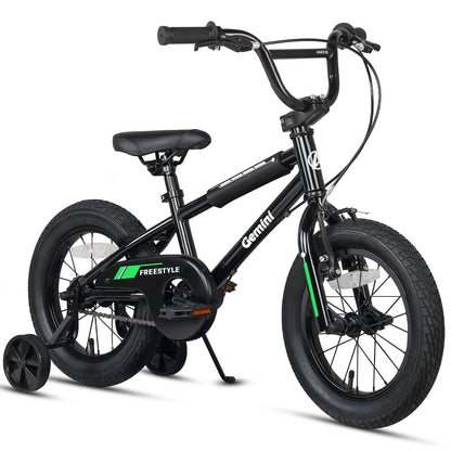 AVASTA 12-inch kids bike for toddlers, black BMX-style bicycle with training wheels, bell, suitable for boys and girls ages 1-4.