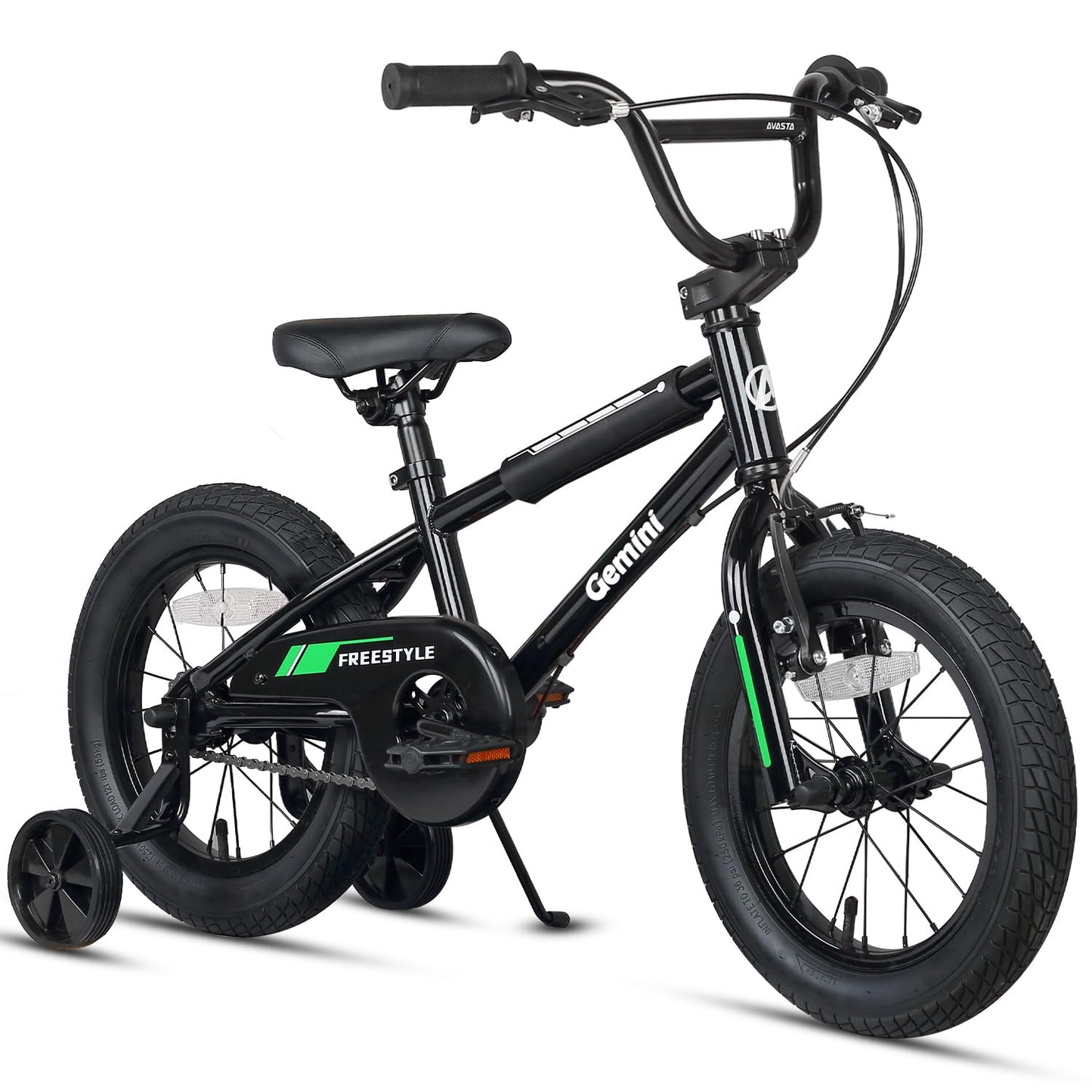 AVASTA 16-inch kids' BMX bike in black with bell, stabilizers, and kickstand, designed for children over 4 years old.