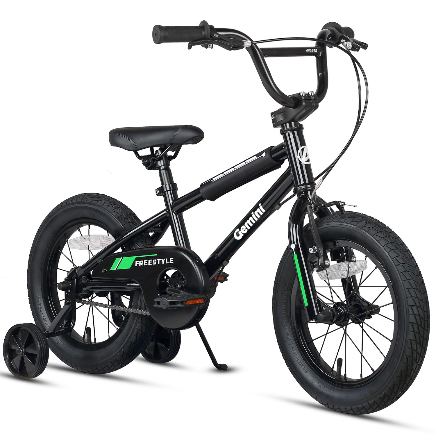 AVASTA 16-inch kids' BMX bike in black with bell, stabilizers, and kickstand, designed for children over 4 years old.