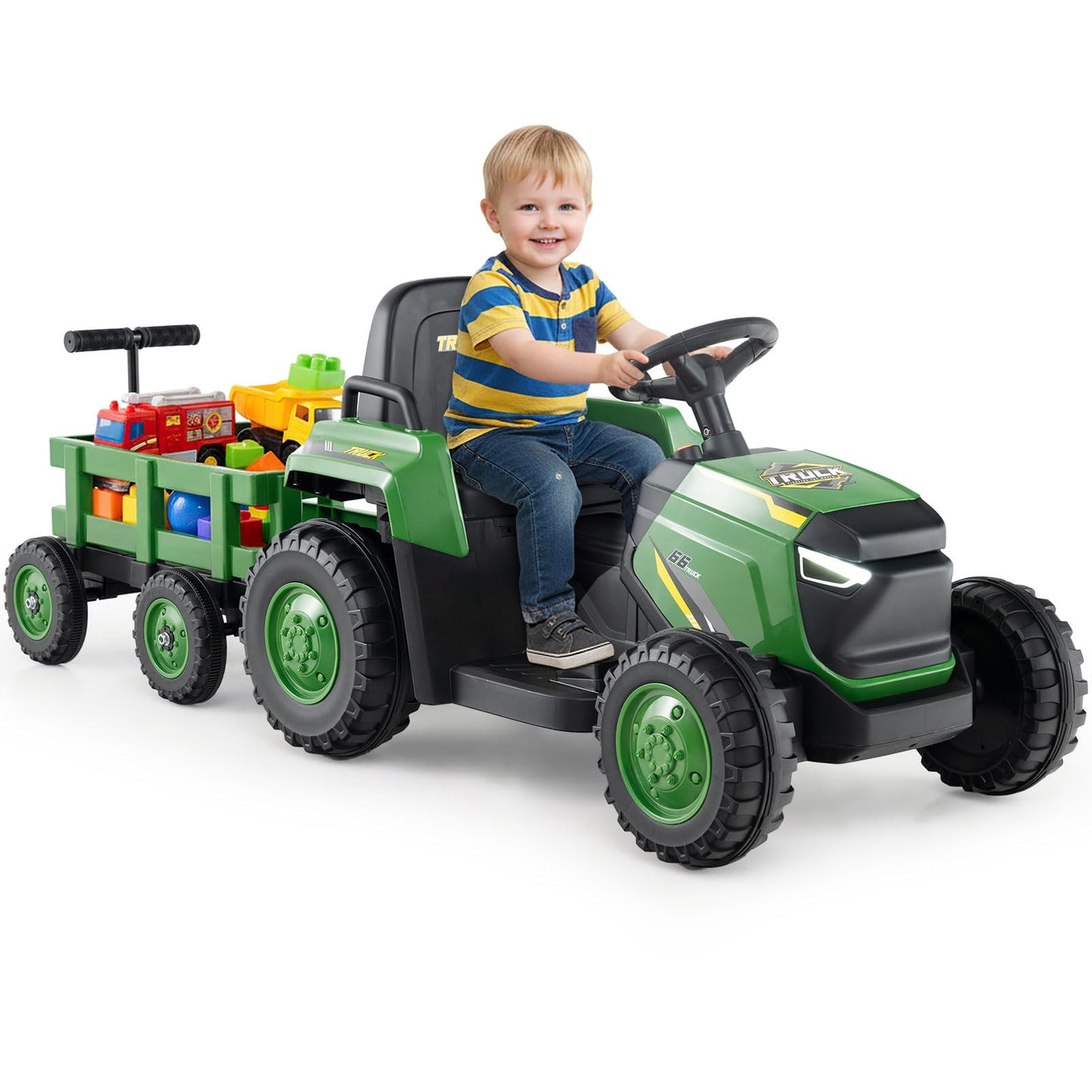 Maxmass Kids Ride on Tractor and Trailer, 12V Battery Powered Electric Construction Toy Car with Remote Control, USB, LED Headlights, Horn, Children Ride on Bulldozer for 3-8 Years Old (Dark Green)