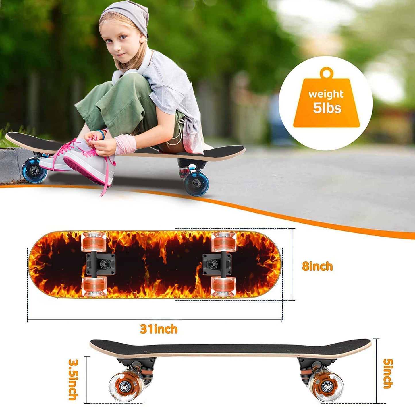 GIEEU Skateboards with Colorful Flashing Wheels for Beginners,Kids,Teens,Adults,31 x 8 Inch Complete Standard Skate Boards 9 Layer Canadian Maple Deck Concave Skateboard (Fire Skateboard-UK)