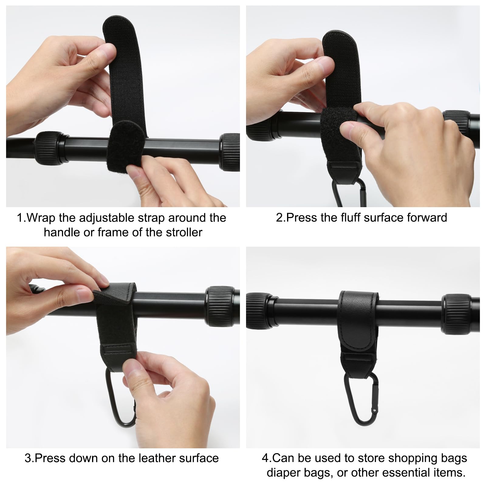 Four TENTHPEO PU leather stroller clips with anti-slip design for bags, backpacks, diaper bags, and grocery carts.