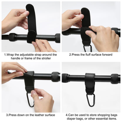Four TENTHPEO PU leather stroller clips with anti-slip design for bags, backpacks, diaper bags, and grocery carts.