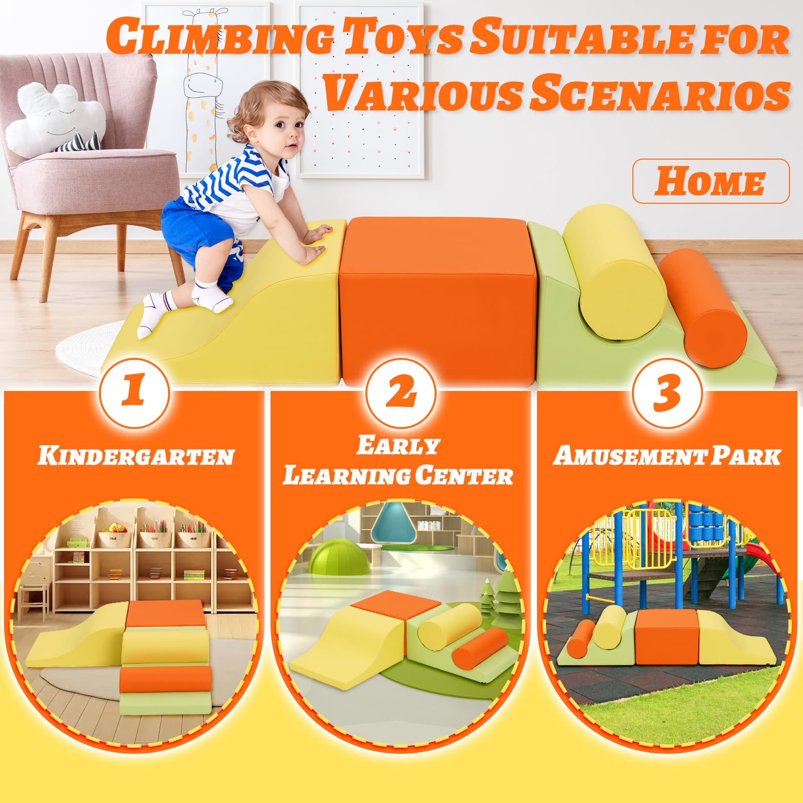Five orange baby soft foam blocks with ramp, toddler climbing and crawling activity set for sensory and motor skill development.
