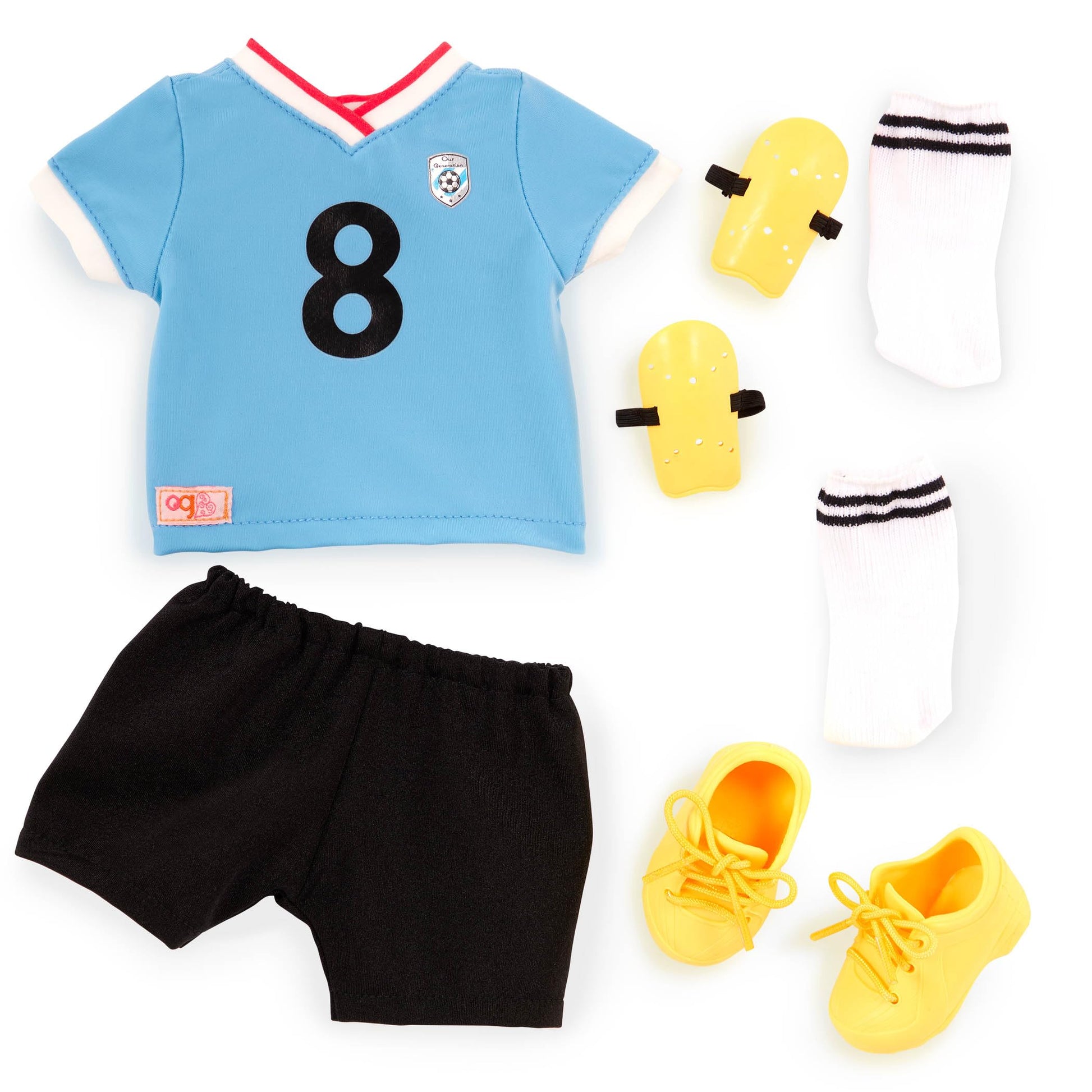 18-inch Our Generation Mateo boy doll in football jersey with training accessories and unique hairstyle, soft and huggable.