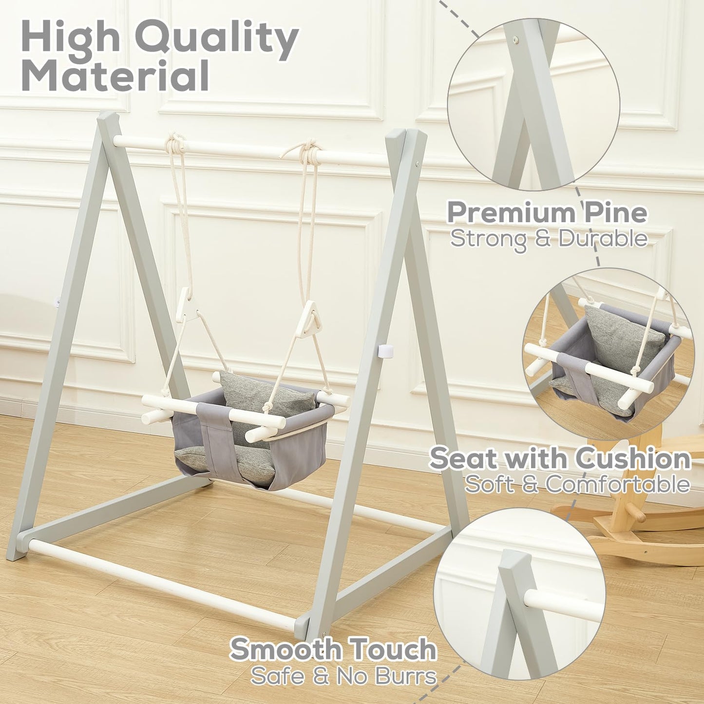 FUNLIO wooden toddler swing set with grey frame, foldable design, durable pine, includes sandbags and extension straps for indoor or outdoor use.