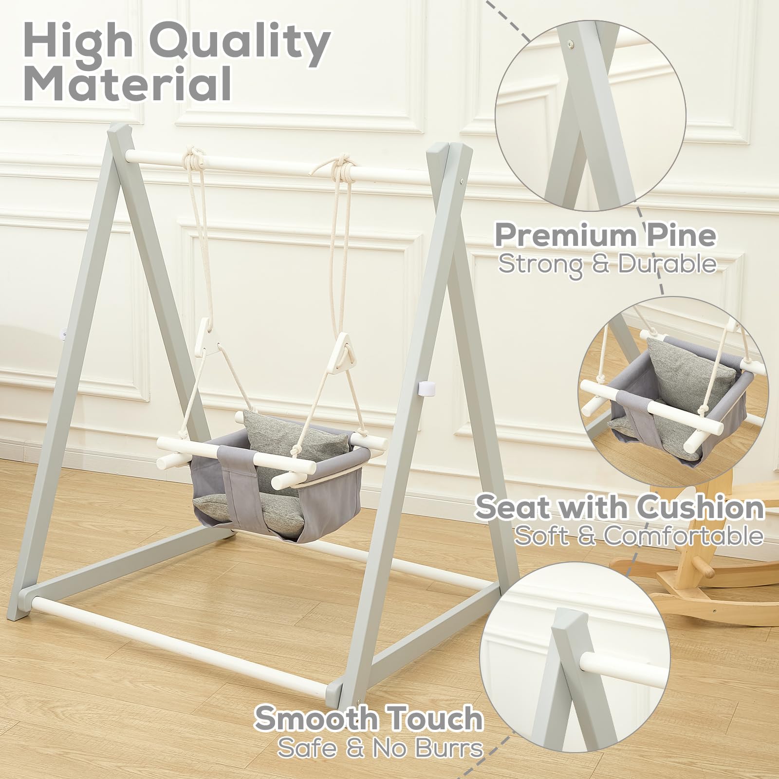 FUNLIO wooden toddler swing set with grey frame, foldable design, durable pine, includes sandbags and extension straps for indoor or outdoor use.