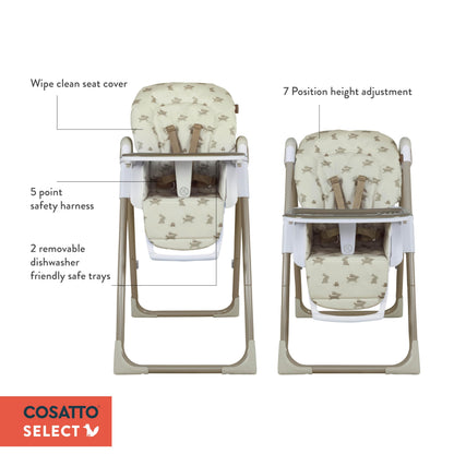 Cosatto Pip adjustable highchair with padded seat, footrest, tray, cup holder, in cherry pie color, lightweight and foldable for infants.