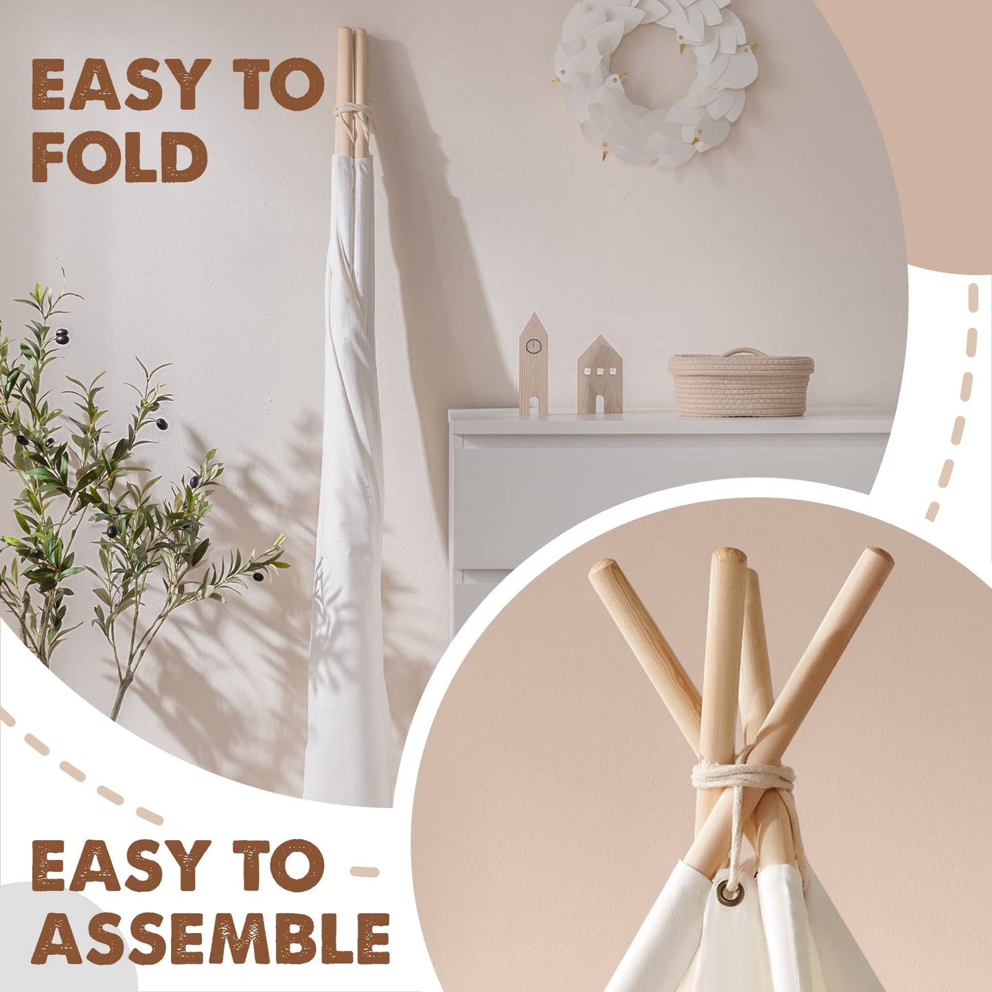 Tiny Land kids teepee tent in raw white canvas with padded mat, light string, carry case, foldable indoor-outdoor playhouse for children