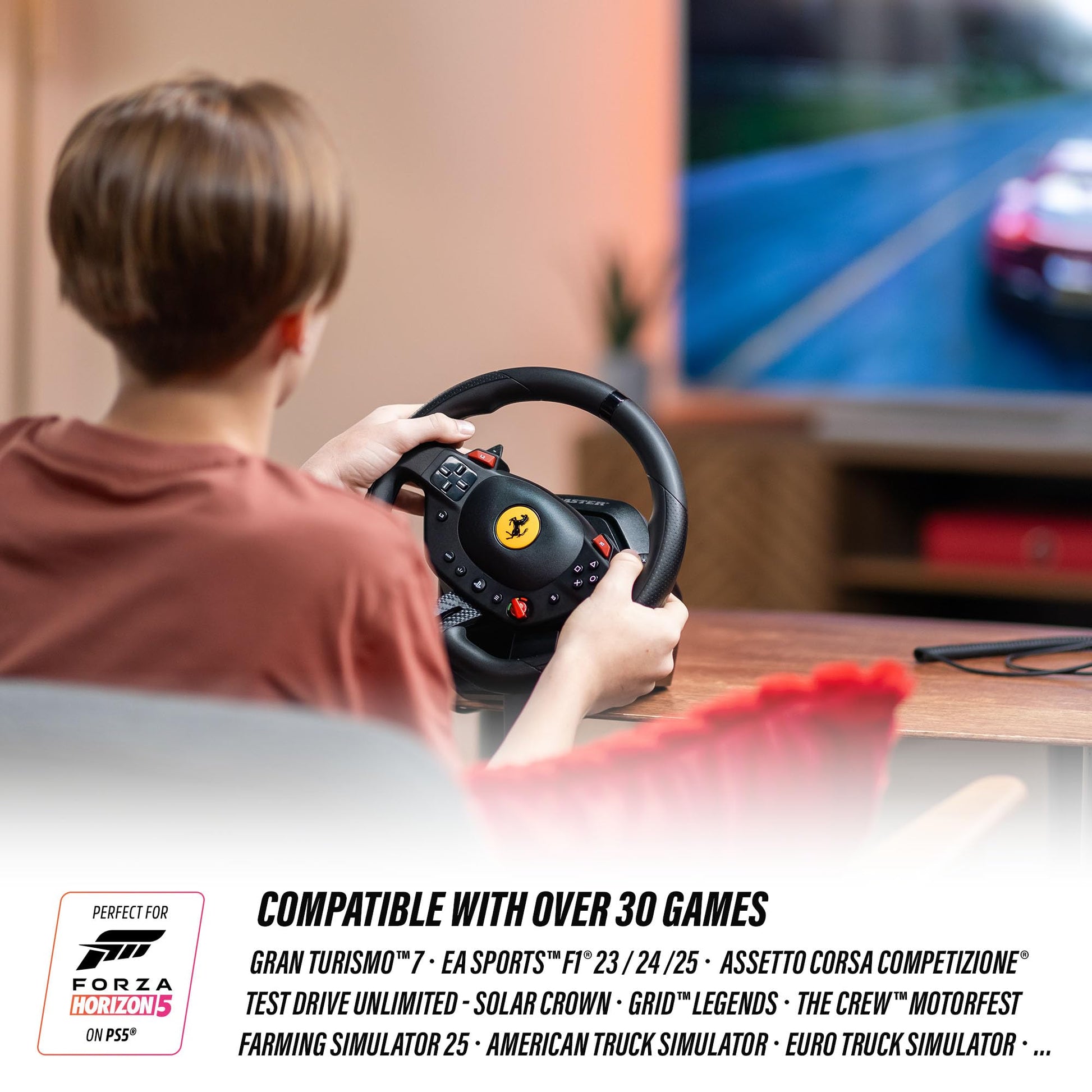 Thrustmaster T98 Ferrari 296 GTB racing wheel and pedals, black, with Manettino dial and bungee cord technology for PS5, PS4, and PC