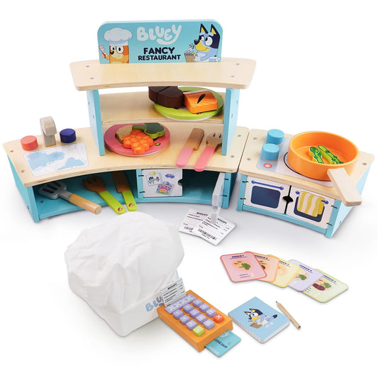 Bluey wooden tabletop restaurant playset with oven, sink, fridge, and accessories for kids' imaginative role play.