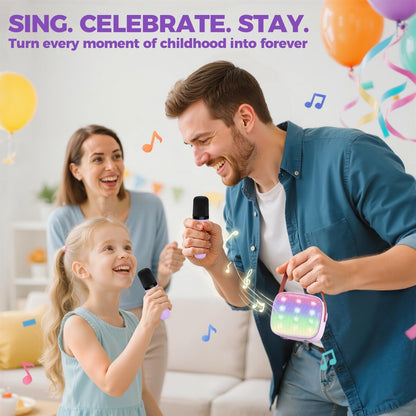 YLL Mini Karaoke Machine in purple with two wireless microphones, perfect for kids' birthday parties and ages 3 to 12.