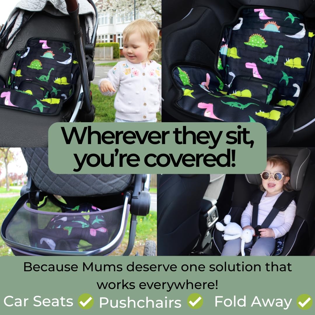 Hygge Sheets® dinosaur-themed car seat protector for toddler seats and pushchairs, waterproof and leak-proof potty training protection.