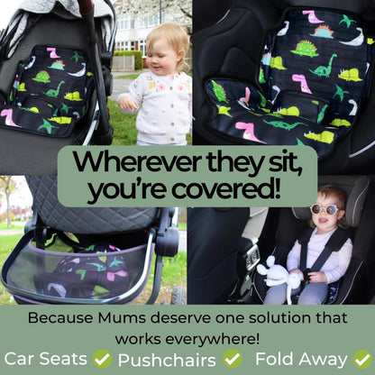 Hygge Sheets® dinosaur-themed car seat protector for toddler seats and pushchairs, waterproof and leak-proof potty training protection.