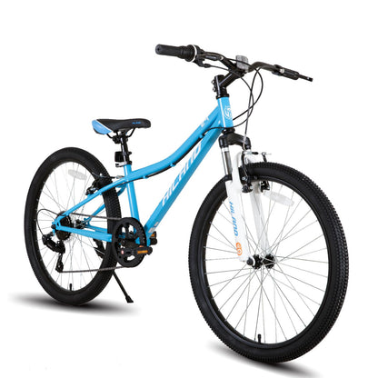 HILAND 24 Inch Kids Mountain Bike, 7 Speed MTB Bike for Boys Girls, Kids Mountain Bicycle with Suspension Fork V-brakes, Blue
