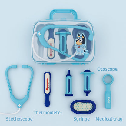 5 Pcs Bluey's Medical Case for Kids – Doctor Toy Set with Stethoscope, Thermometer, Syringe & More | Pretend Role Play Kit | Portable Light Blue Carry Case | Ages 3+