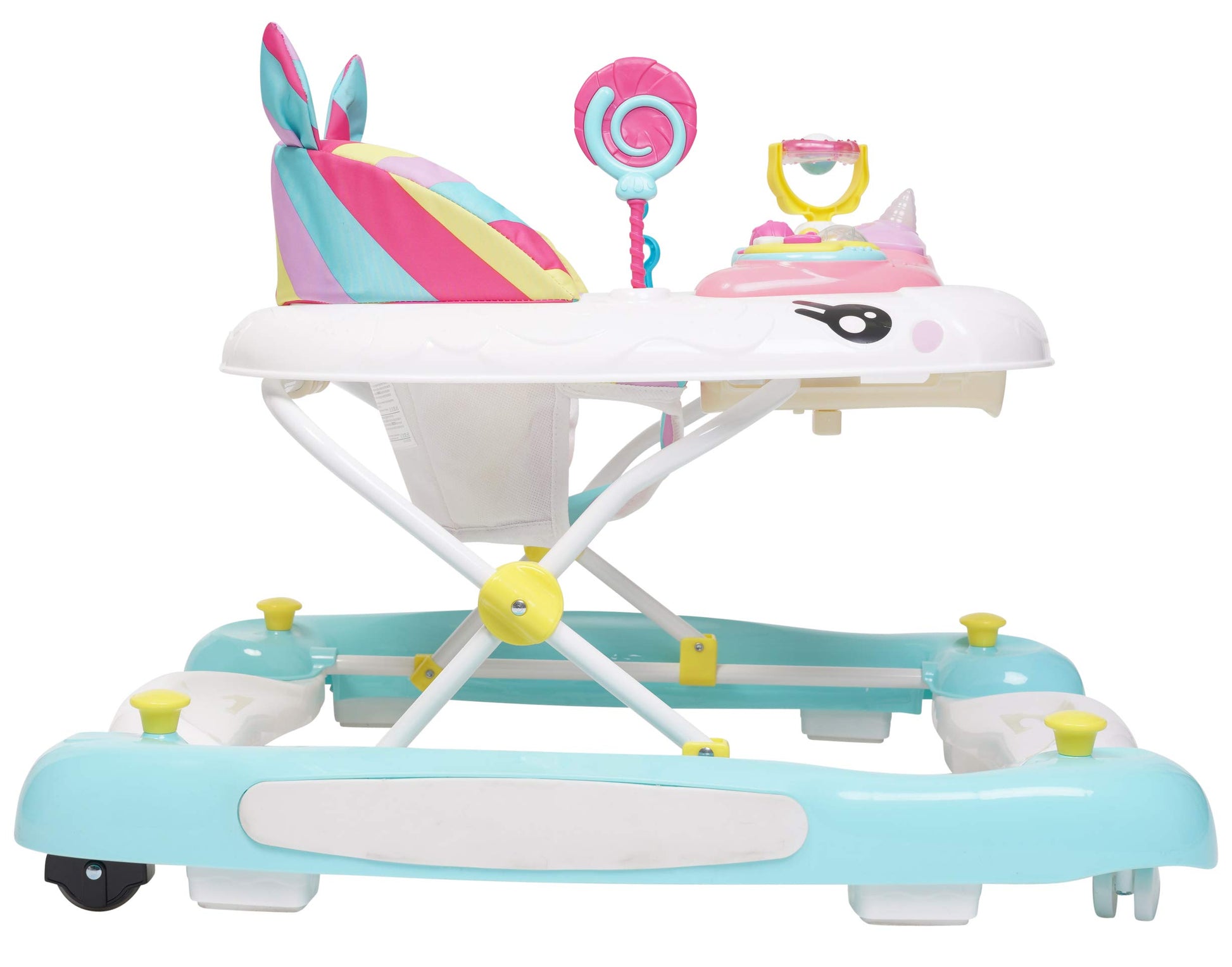 MyChild Pink Rainbow Unicorn 2-in-1 Baby Walker and Rocker with activity center, foldable frame, safety blocks, and adjustable height