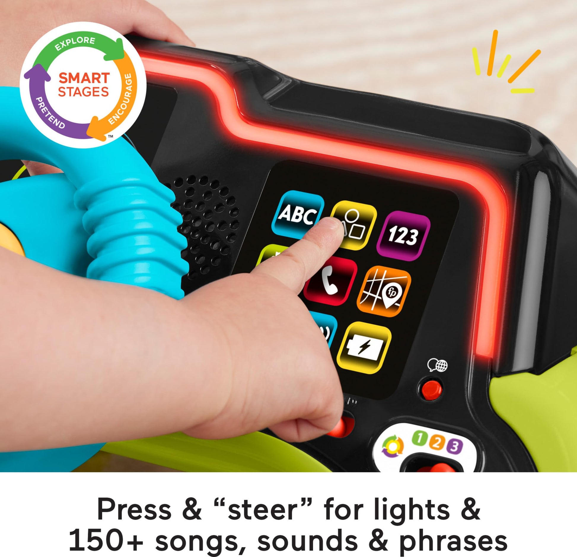 Fisher-Price Laugh & Learn Sit & Steer Driver Car activity center with colorful buttons and steering wheel for babies 6+ months.