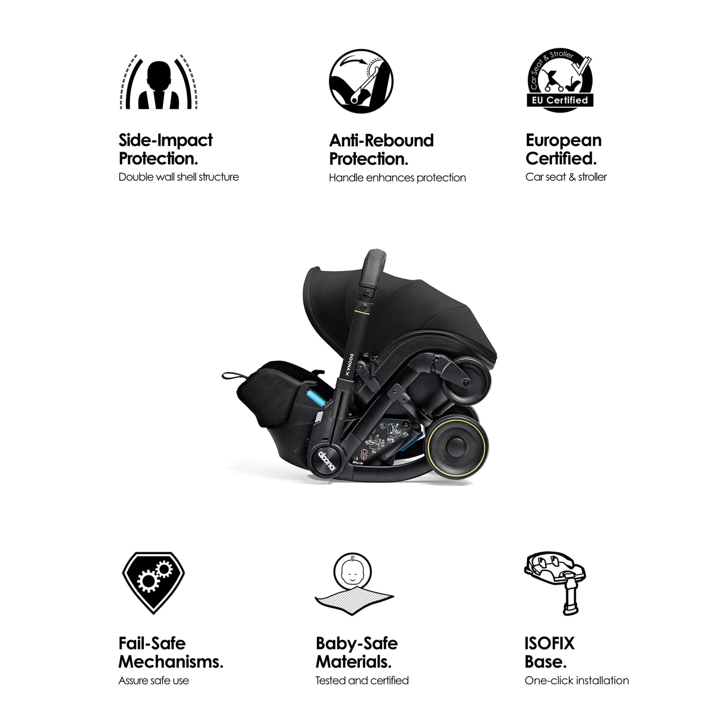 Doona X Baby Car Seat & Travel Stroller Nitro Black - Convertible 0+ Car Seat and Pram with 3 Recline Positions - Ergonomic Pushchair and Travel System - ISOFIX Base Sold Separately