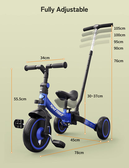 besrey 5-in-1 toddler tricycle in blue with adjustable seat, removable pedals, and parent steering handle for ages 1-5.
